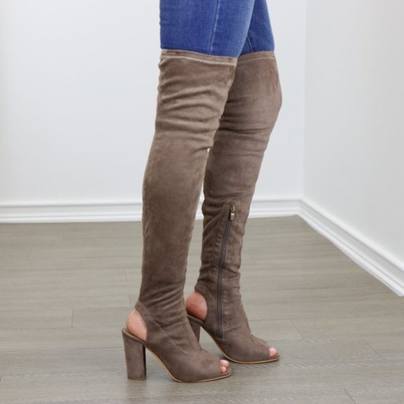 Suede Thigh High Peep Toe & Heel Chunky Heel Boot - Picture 2 of 8